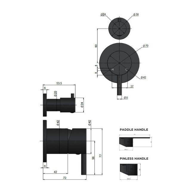 Technical Drawing Meir Round Diverter Mixer Pinless Handle Matte Black Trim Kit MW07TSPN-FIN - The Blue Space