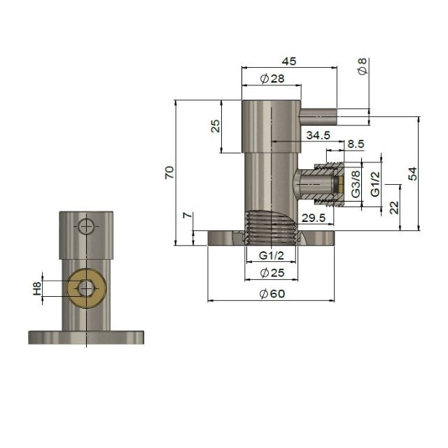 Technical Drawing Meir Round Mini Stop Cistern Tap Champagne MP11PN-CH - The Blue Space
