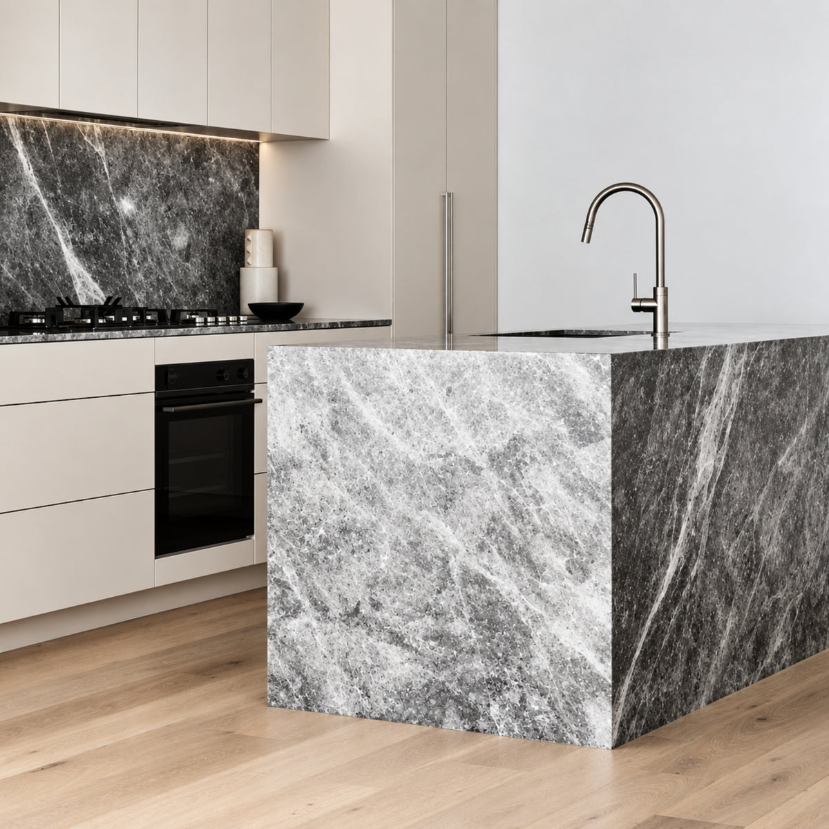 Lifestyle Image Meir Round Piccola Pull Out Kitchen Sink Mixer Tap - Brushed Nickel MK17-PVDBN - The Blue Space