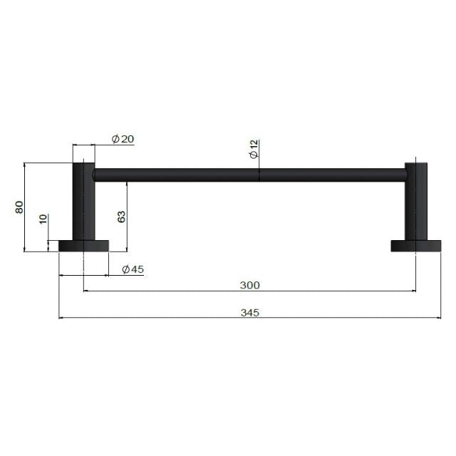 Technical Drawing Meir Round Single Towel Rail 300mm Brushed Nickel MR01-SR30-PVDBN - The Blue Space
