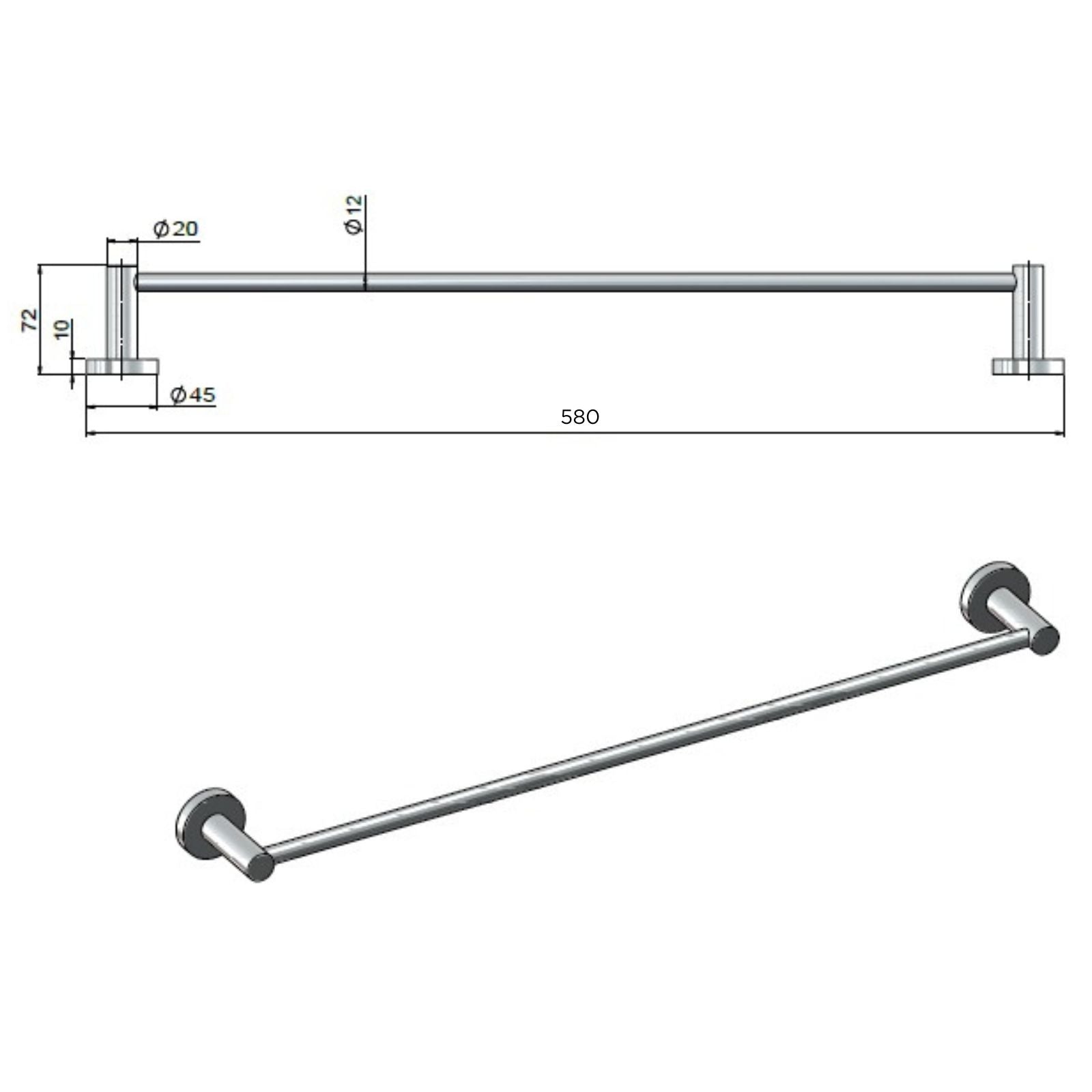 Technical Drawing Meir Round Single Towel Rail Champagne 600mm MR01-SR60-CH - The Blue Space