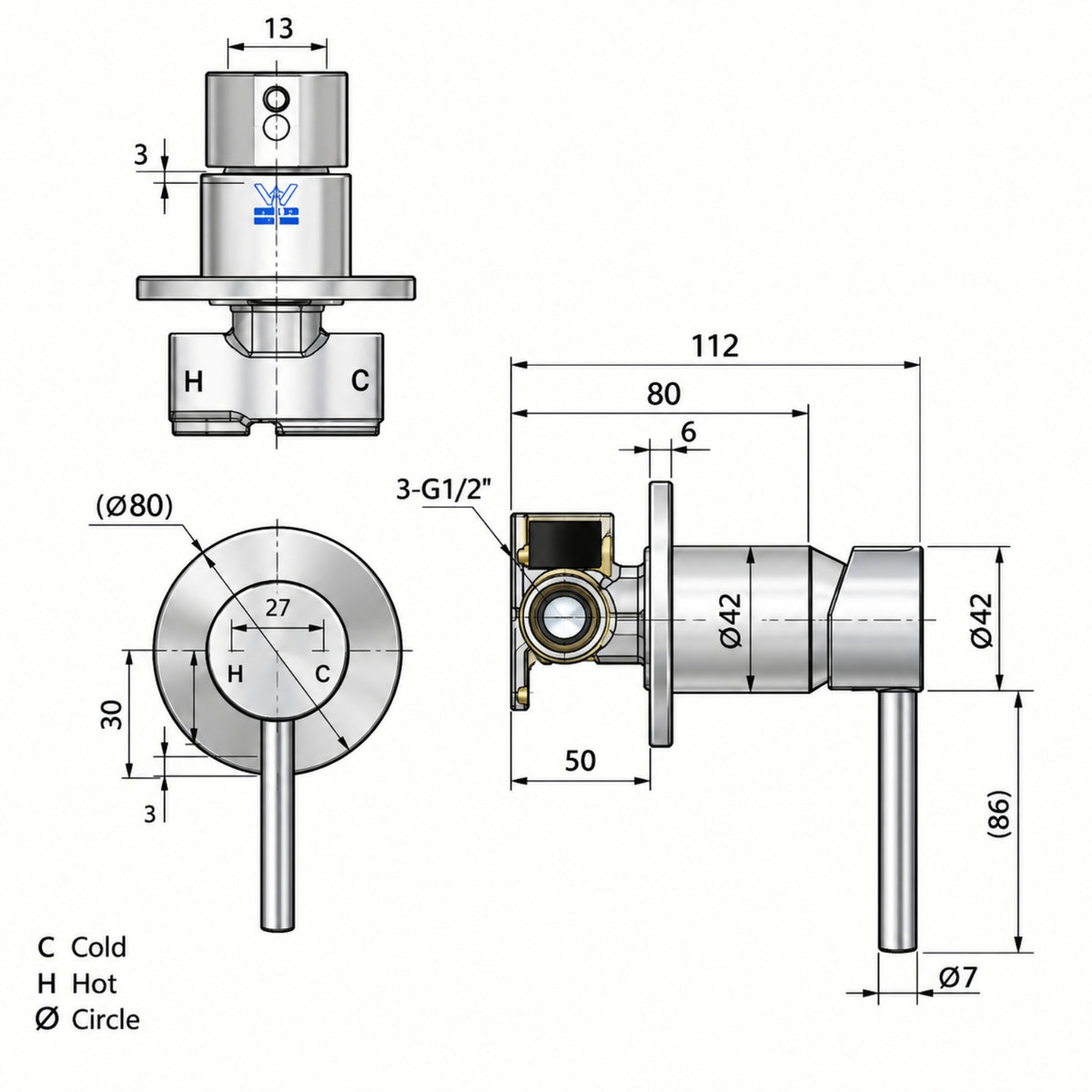 Line Drawing Meir Round Wall Mixer - Shadow MW03-PVDGM_KIT - The Blue Space