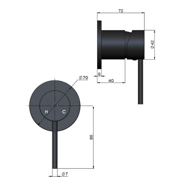 Technical Drawing Meir Round Wall Mixer Matte Black Trim Kit MW03-FIN - The Blue Space