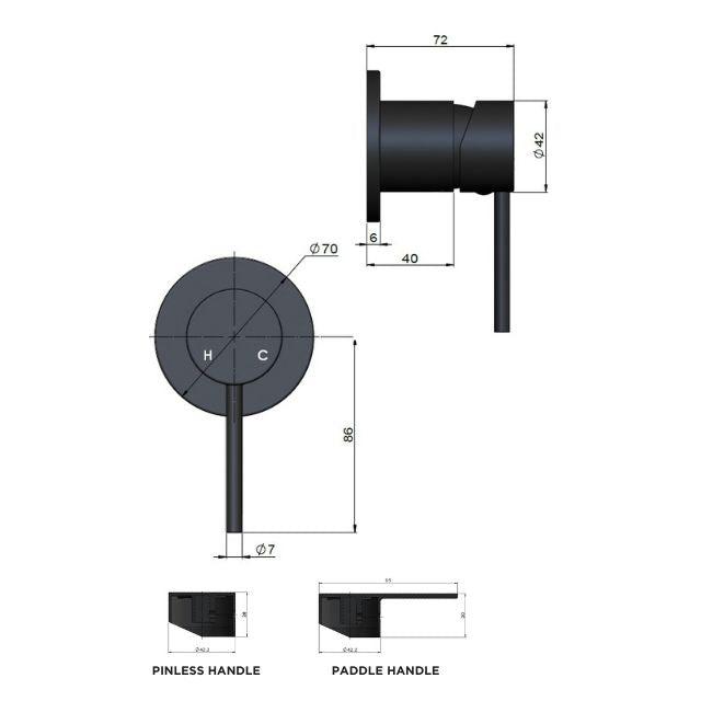 Technical Drawing Meir Round Wall Mixer Paddle Handle Chrome Trim Kit MW03PD-FIN-C - The Blue Space