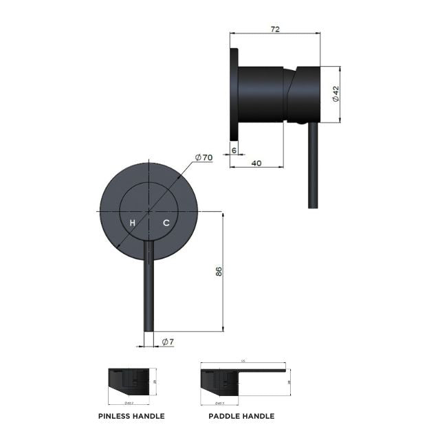 Technical Drawing Meir Round Wall Mixer Pinless Handle Chrome Trim Kit MW03PN-FIN-C - The Blue Space