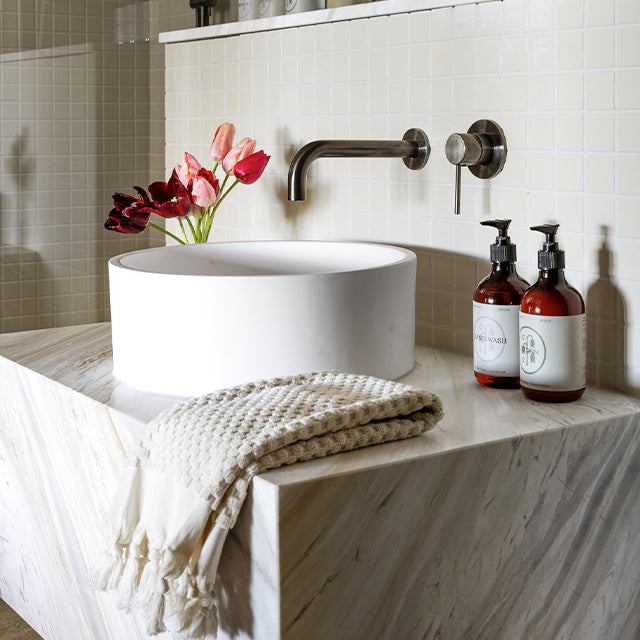 Lifestyle Meir Round Wall Mixer - Shadow with Baö Elegant Back to Corner Bath - The Blue Space