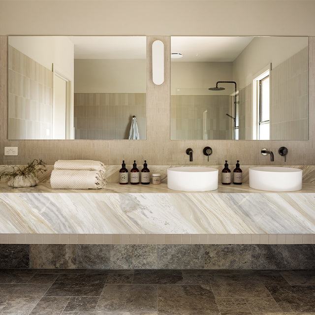 Lifestyle Meir Round Wall Mixer - Shadow with Baö Elegant Back to Corner Bath - The Blue Space