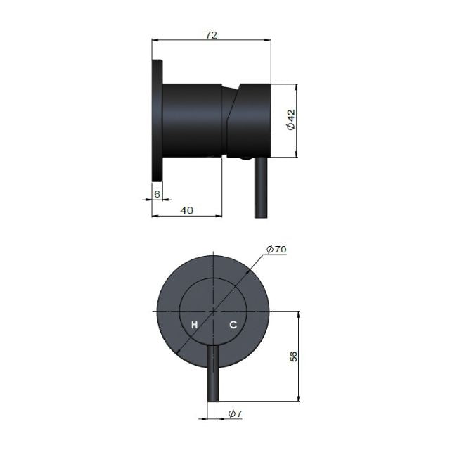 Technical Drawing Meir Round Wall Mixer Short Pin Lever Chrome Trim Kit MW03S-FIN-C - The Blue Space