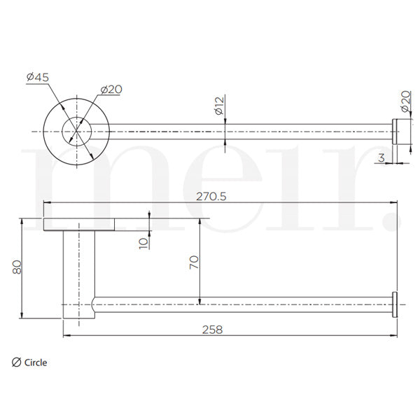 Meir Round Tiger Bronze Guest Towel Rail Technical Drawing - The Blue Space