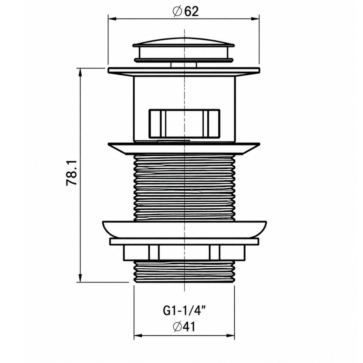 Technical Drawing Modern National 32mm Pop Up Waste With Overflow - Matt Black PW32BK - The Blue Space