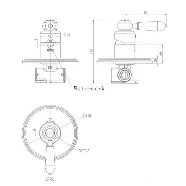Technical Drawing Modern National Bordeaux Shower Mixer Chrome - Full Kit BOR008-KIT - The Blue Space