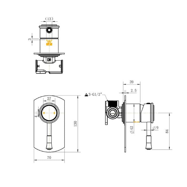 Technical Drawing Modern National Montpellier Shower Mixer Matt Black - Full Kit MON008BK-KIT - The Blue Space