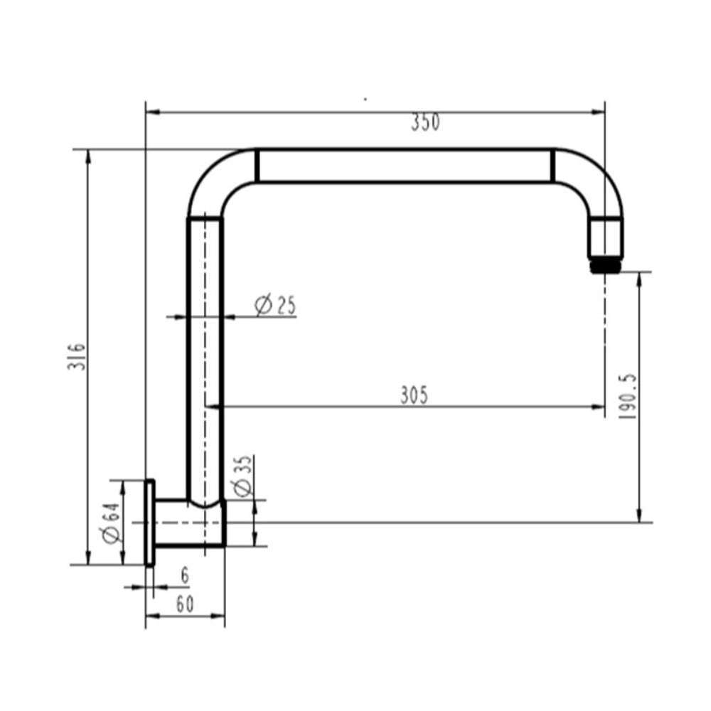 Technical Drawing Modern National Round High Rise Shower Arm - Brushed Bronze HAR016BM - The Blue Space