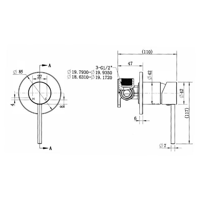 Technical Drawing Modern National Star Mini Shower Mixer 80mm Gunmetal - Full Kit STRM008GM-KIT - The Blue Space
