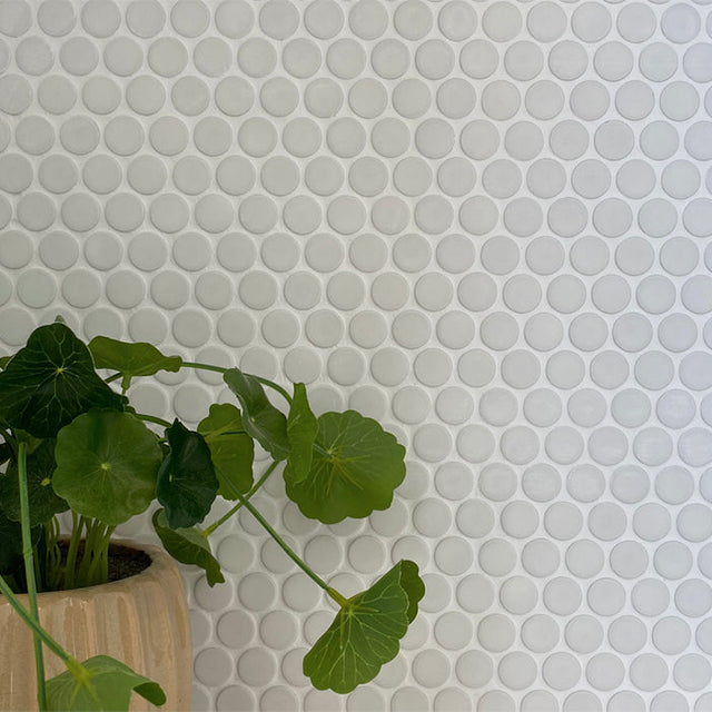 Mooloolaba Satin White Porcelain Penny Round Mosaic Tile 20x20mm | The Blue Space