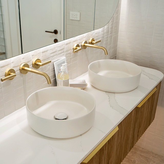 Timberline Santos Apollo Fluted Wall Hung Vanity with SilkSurface Top and Above Counter Basin