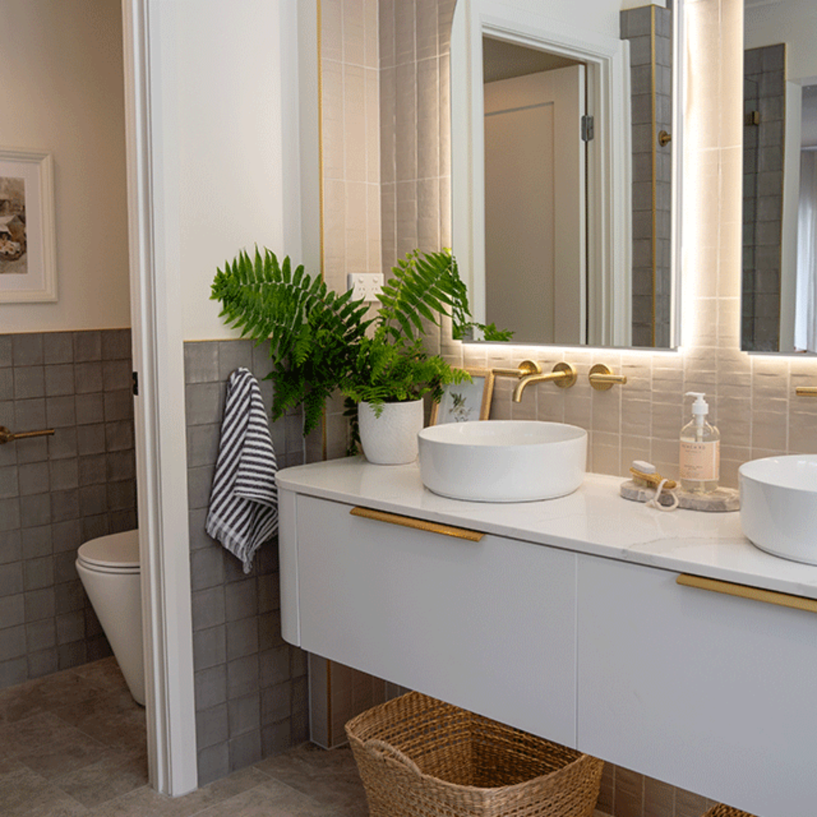 Nickel Grey Dianna Zellige Tile 100 x 100 x 9mm Spanish Ceramic Tile with Timberline santos vanity in white and Phoenix brushed golf taps and accessories