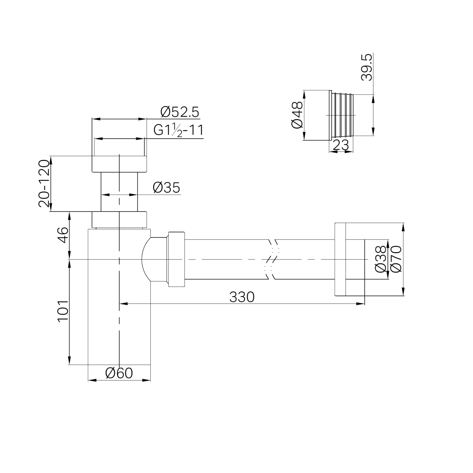Technical Drawing Nero 40mm Round Bottle Trap II Chrome 25A001CH - The Blue Space