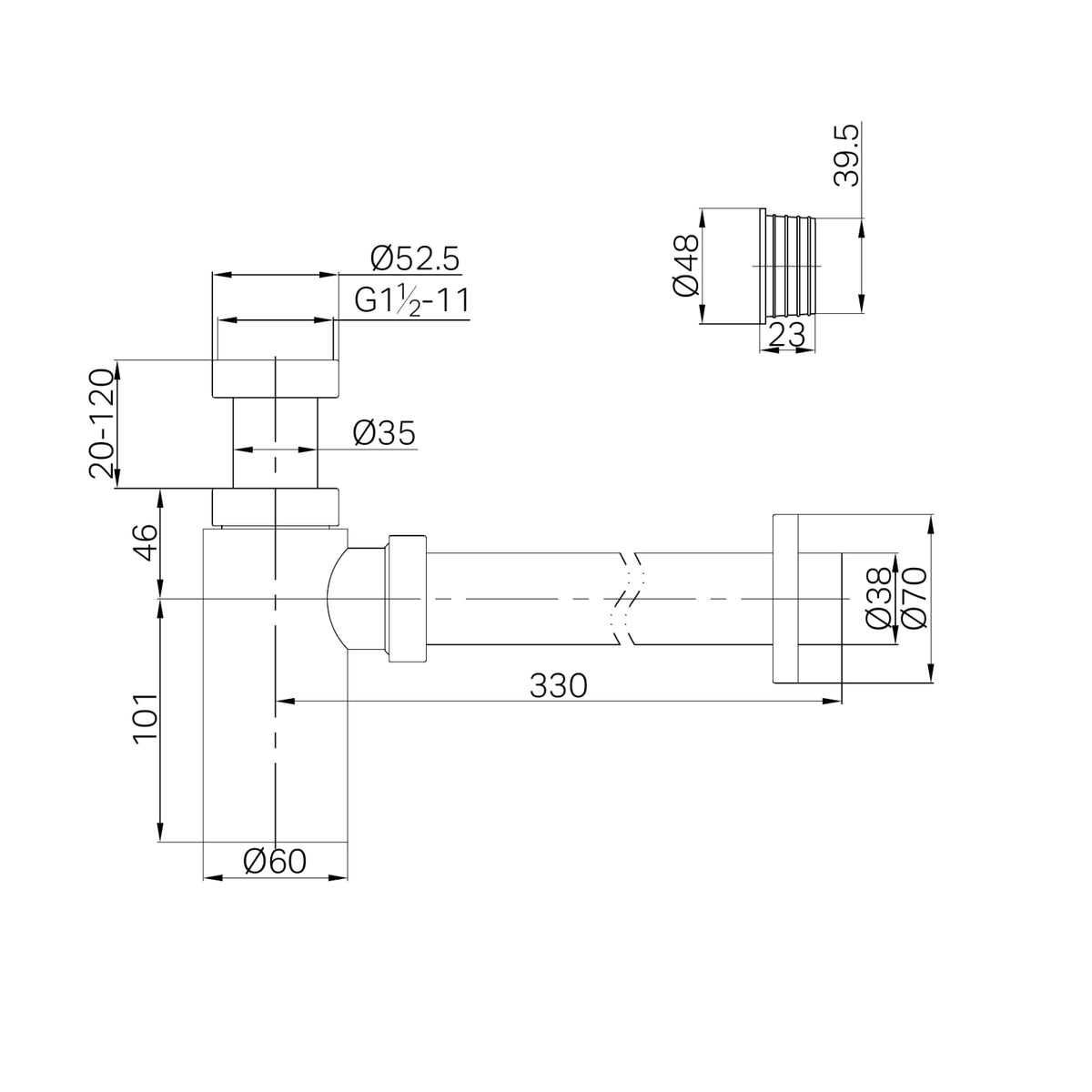Technical Drawing Nero 40mm Round Bottle Trap II Matte Black 25A001MB - The Blue Space