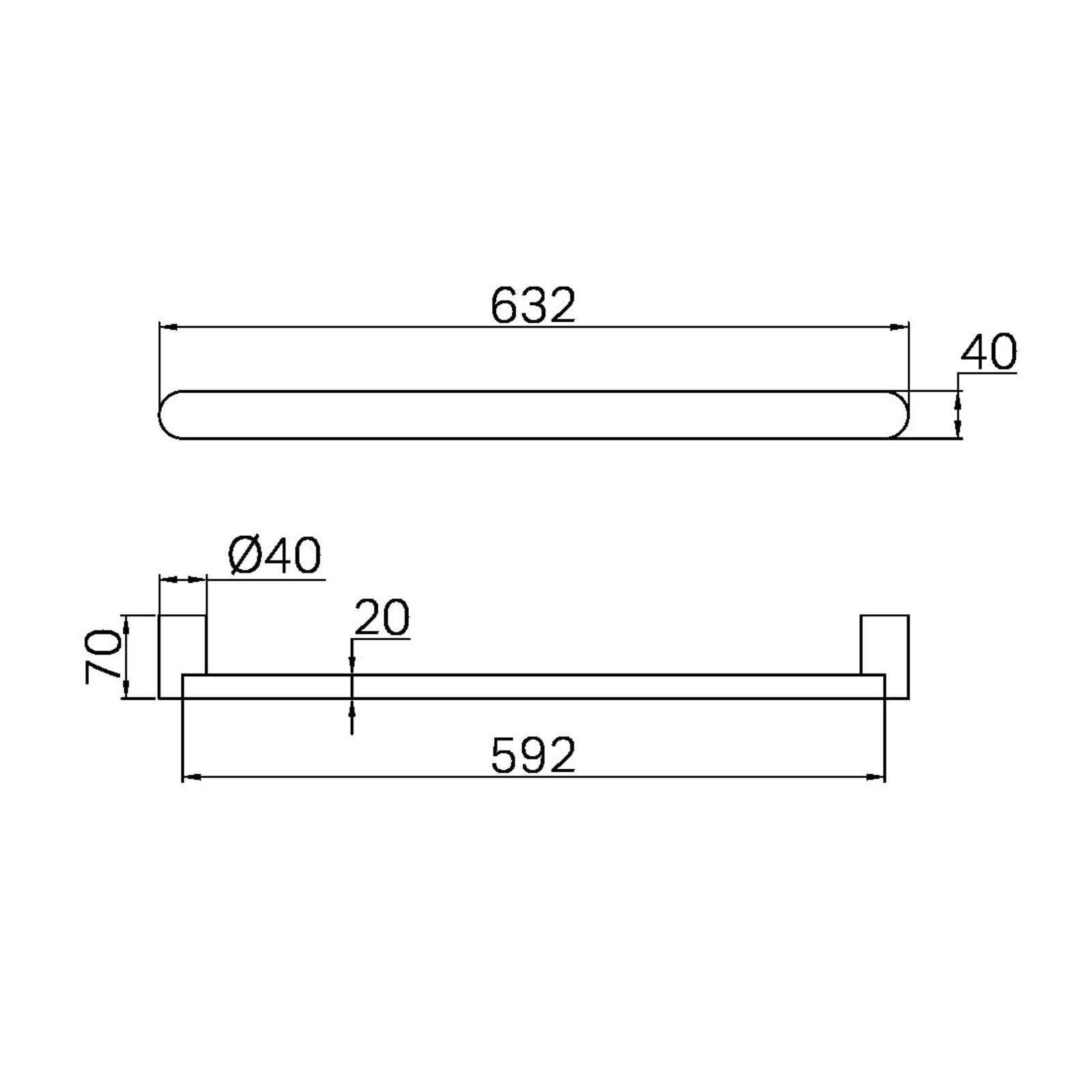 Technical Drawing Nero Bianca 240V Single Heated Towel Rail Brushed Nickel NR9025HBN - The Blue Space