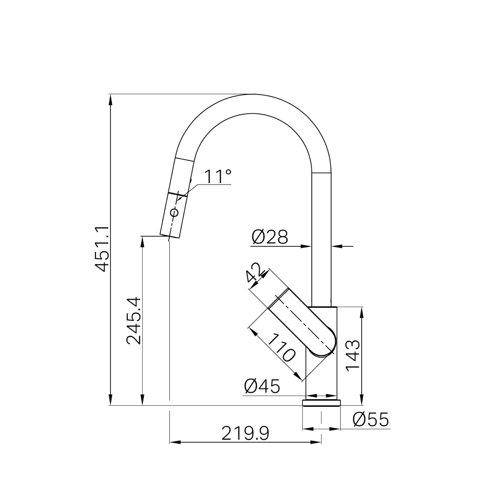 Technical Drawing Nero Bianca Pull Out Sink Mixer With Vegie Spray Function Matte Black NR321508MB - The Blue Space