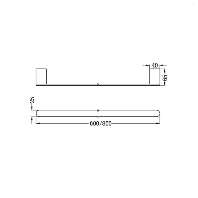 Technical Drawing Nero Bianca Single Towel Rail 600mm Brushed Bronze NR9024BZ - The Blue Space