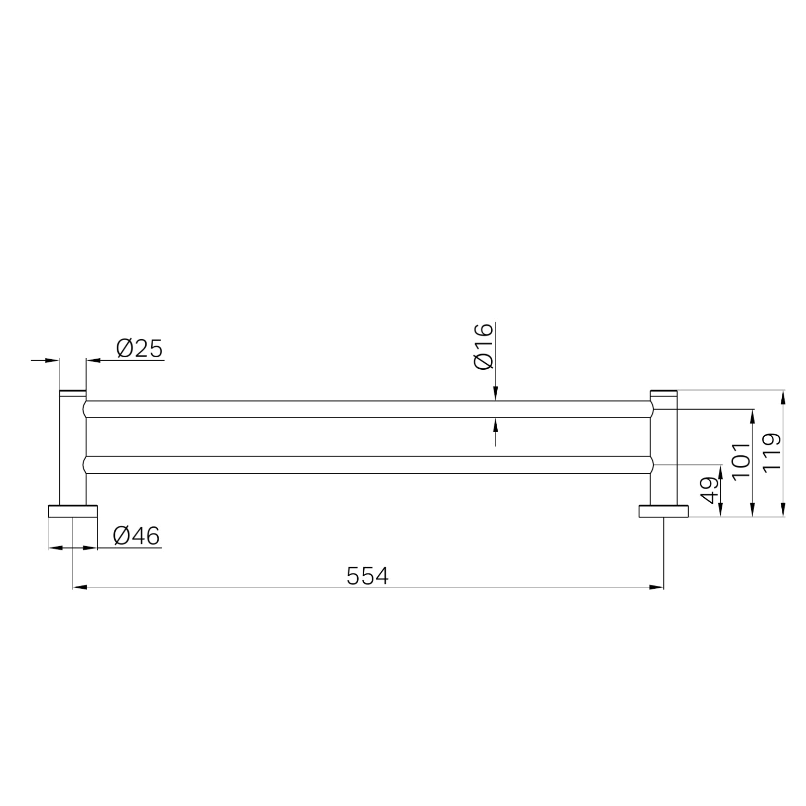Technical Drawing Nero Dolce II Double Towel Rail 600mm Brushed Gold NR2024DBG - The Blue Space