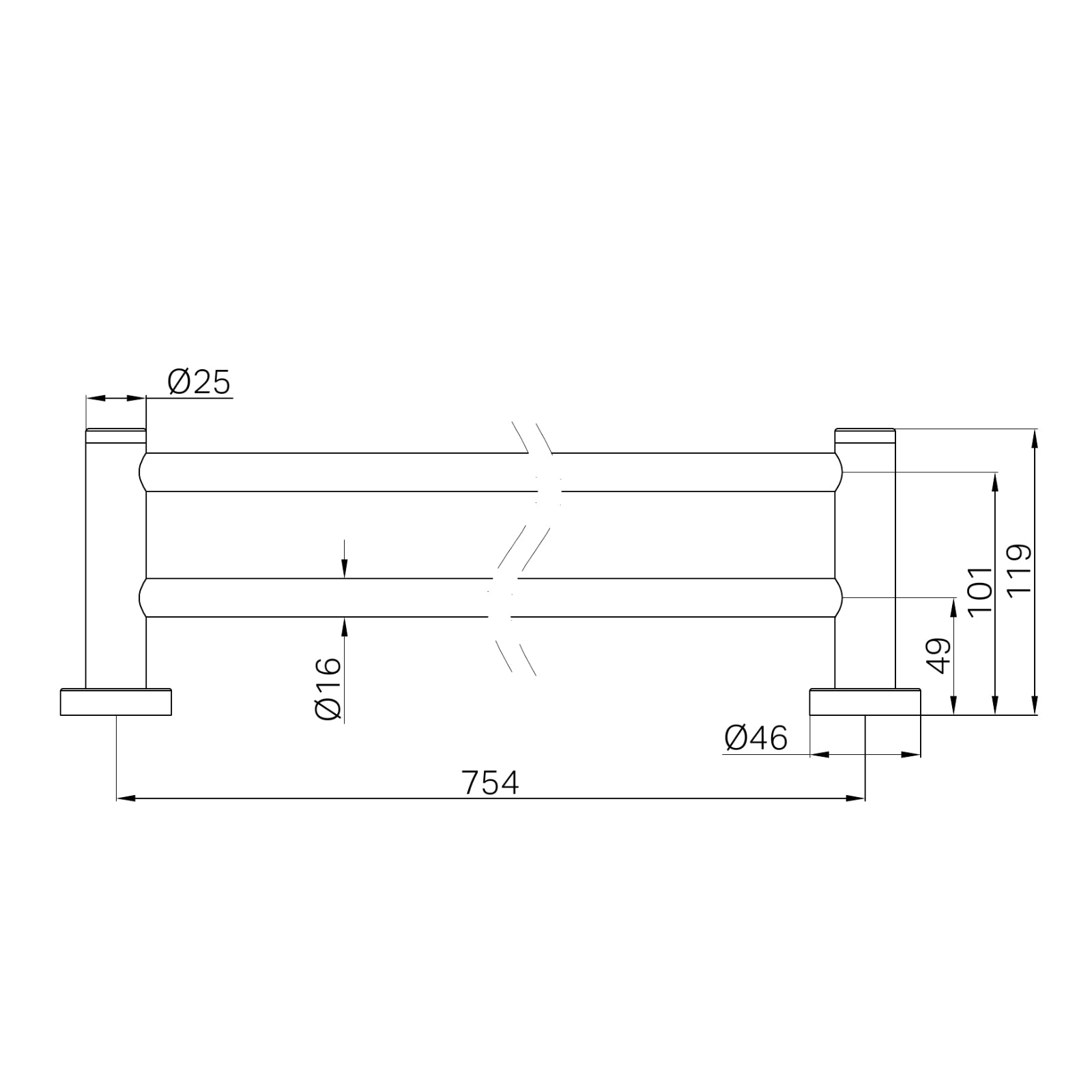Technical Drawing Nero Dolce II Double Towel Rail 800mm Brushed Gold NR2030DBG - The Blue Space