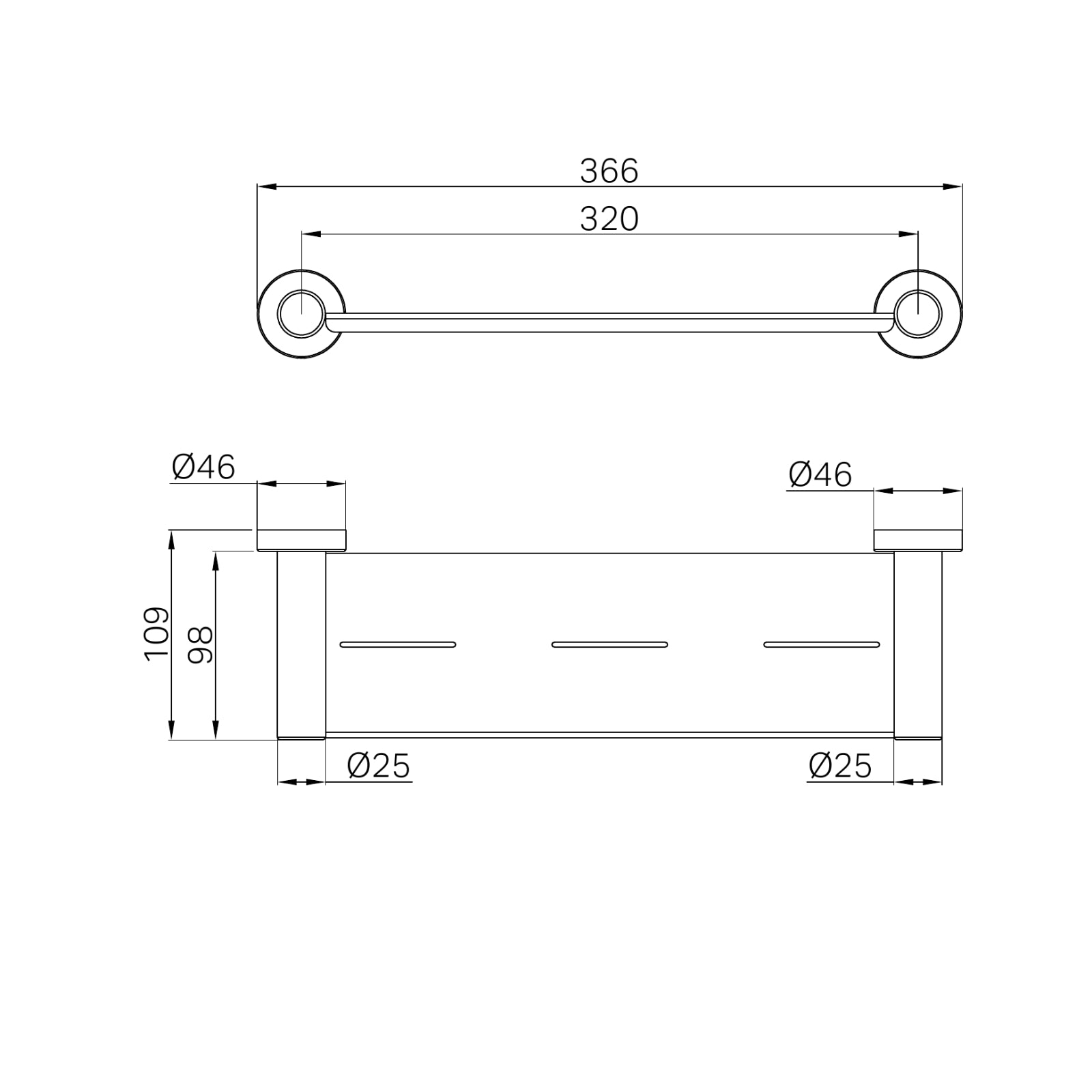 Technical Drawing Nero Dolce II Metal Shower Shelf Matte Black NR2087AMB - The Blue Space