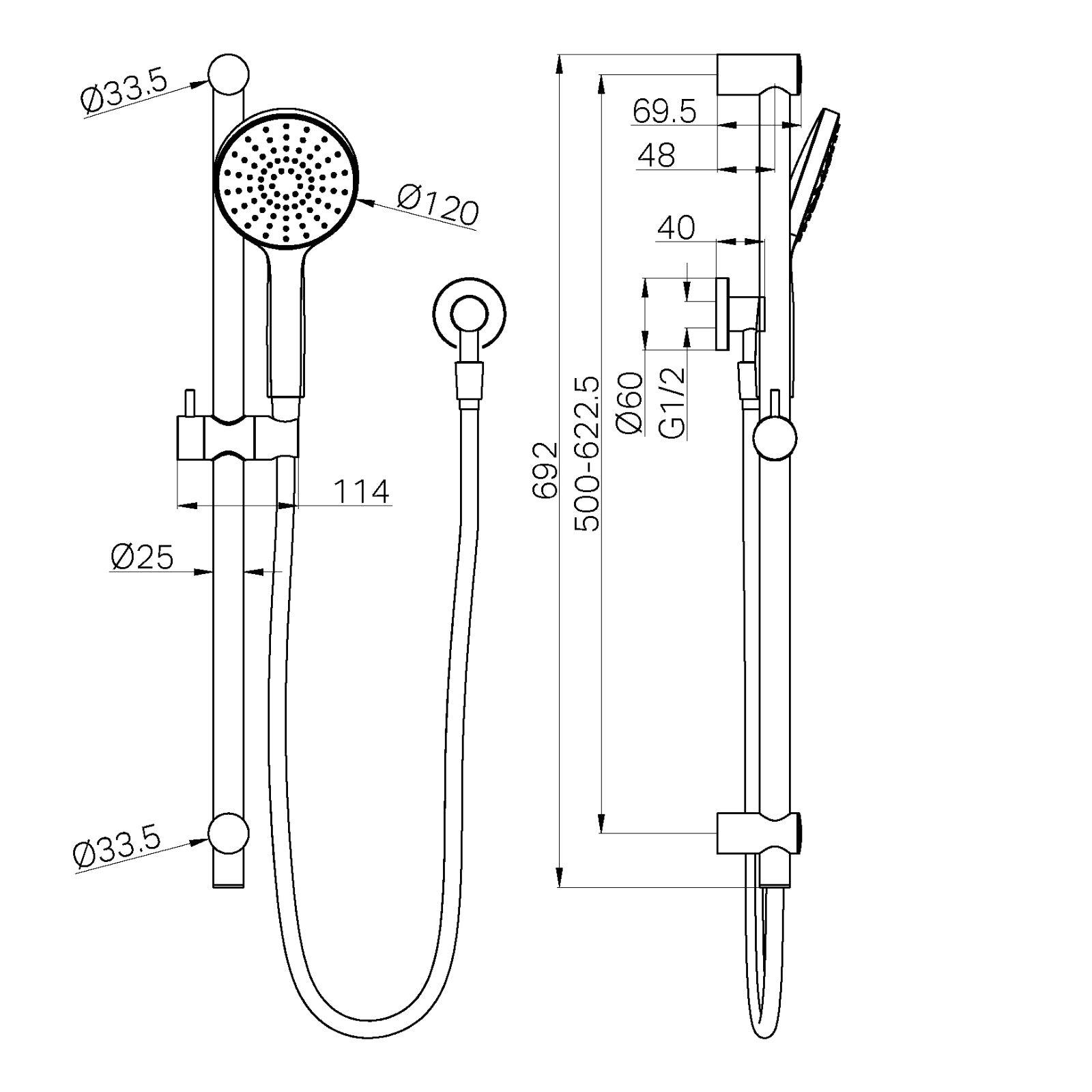 Technical Drawing Nero Dolce II Rail Shower Brushed Gold NR322BG - The Blue Space