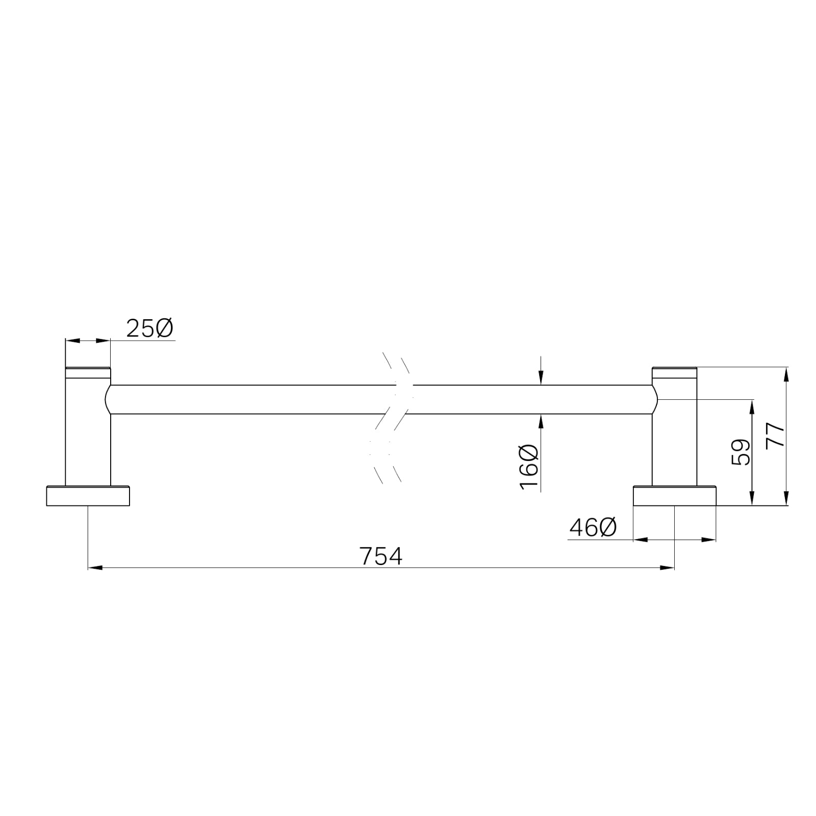 Technical Drawing Nero Dolce II Single Towel Rail 800mm Brushed Gold NR2030BG - The Blue Space