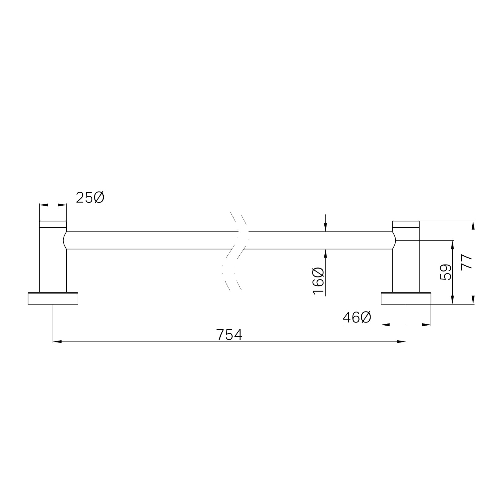 Technical Drawing Nero Dolce II Single Towel Rail 800mm Gun Metal NR2030GM - The Blue Space