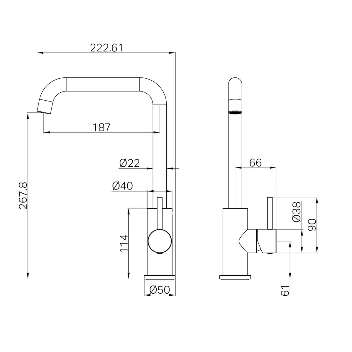 Technical Drawing Nero Dolce II Sink Mixer Square Spout - Gun Metal 25B019GM - The Blue Space