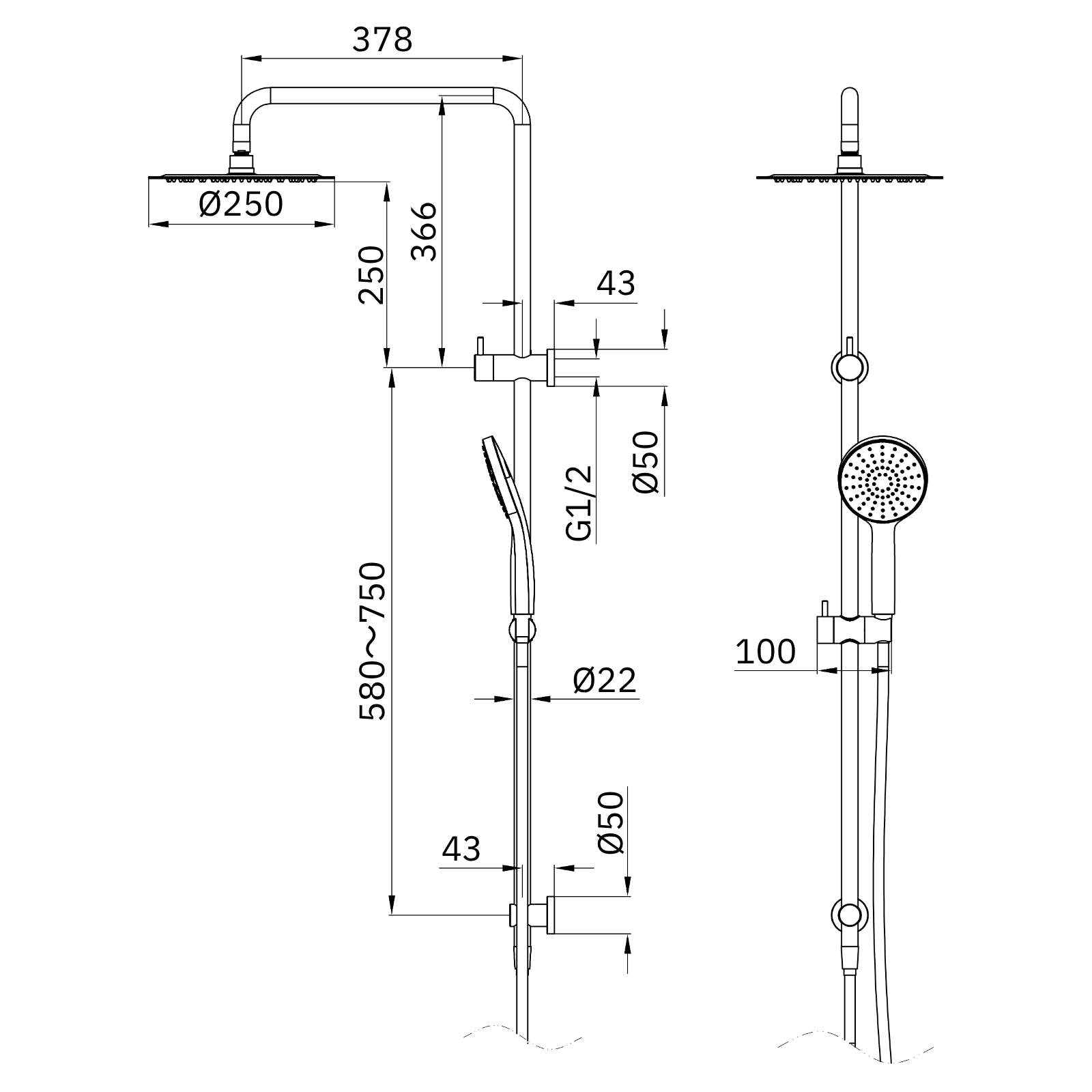 Technical Drawing Nero Dolce II Twin Shower Matte Black NR232105GMB - The Blue Space