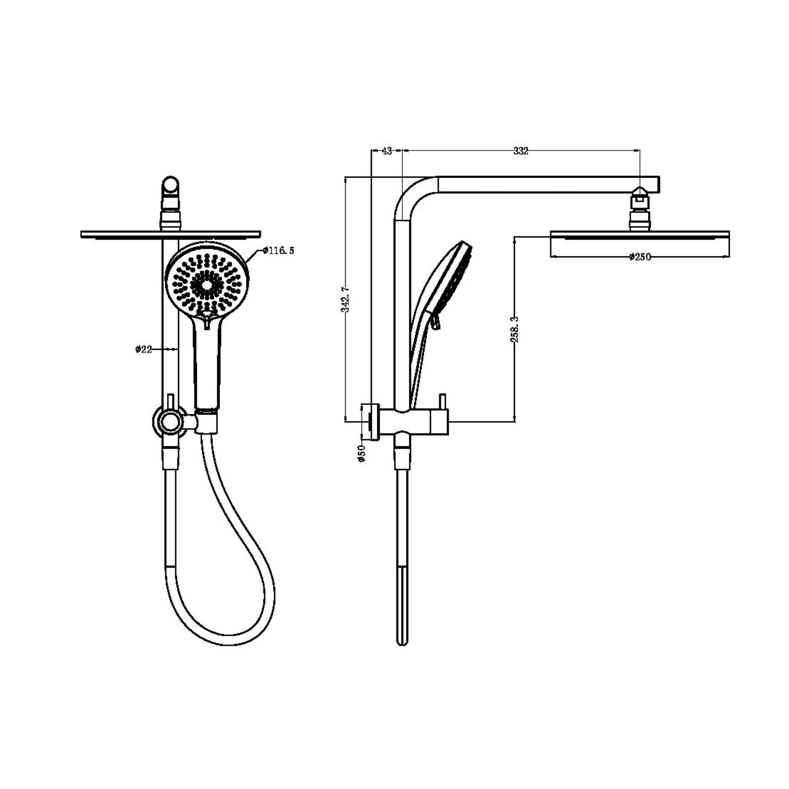 Technical Drawing Nero Mecca 2 In 1 Twin Shower Brushed Nickel NR250805EBN - The Blue Space