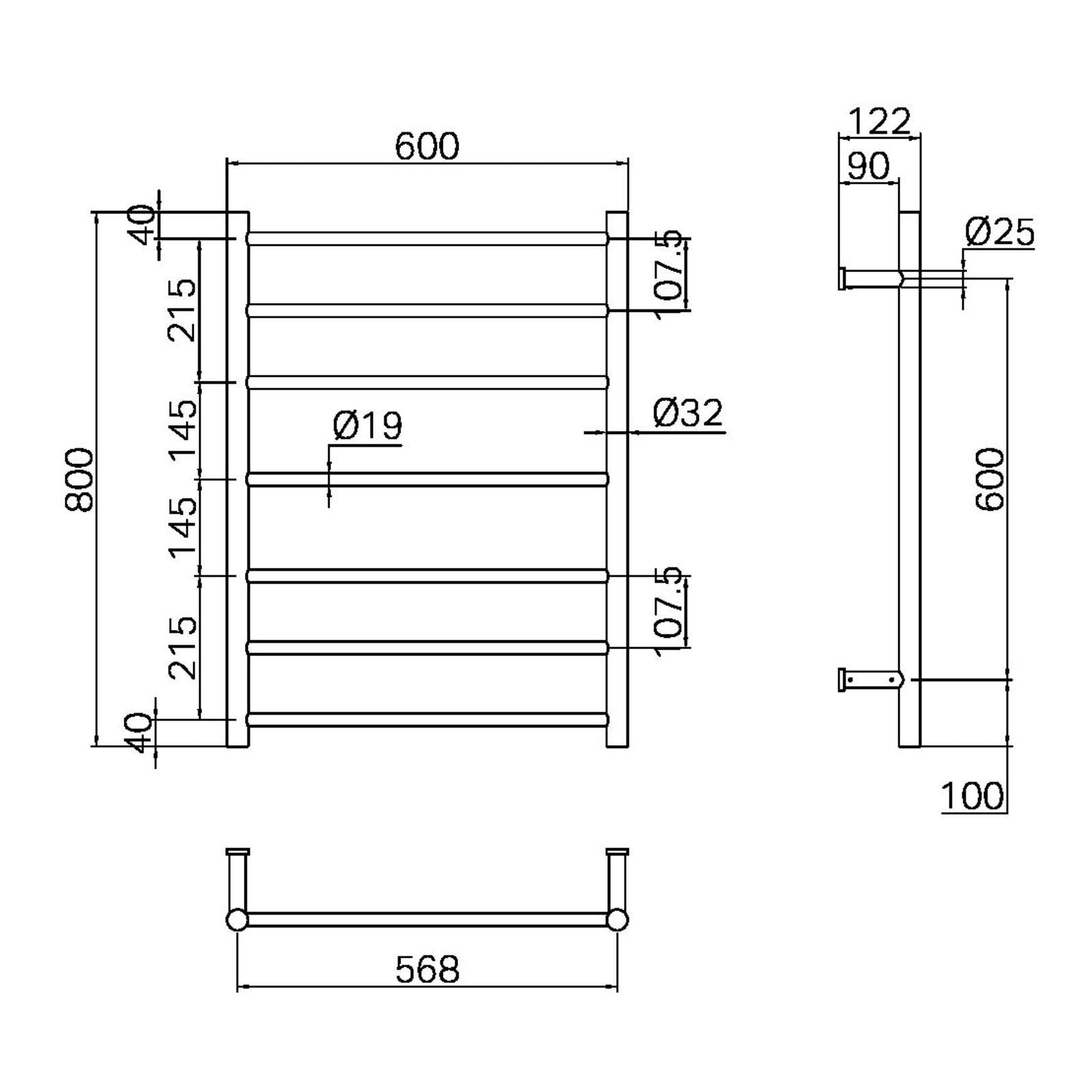 Technical Drawing Nero Mecca 240V 7 Bar Heated Towel Ladder Brushed Gold NR190003HBG - The Blue Space