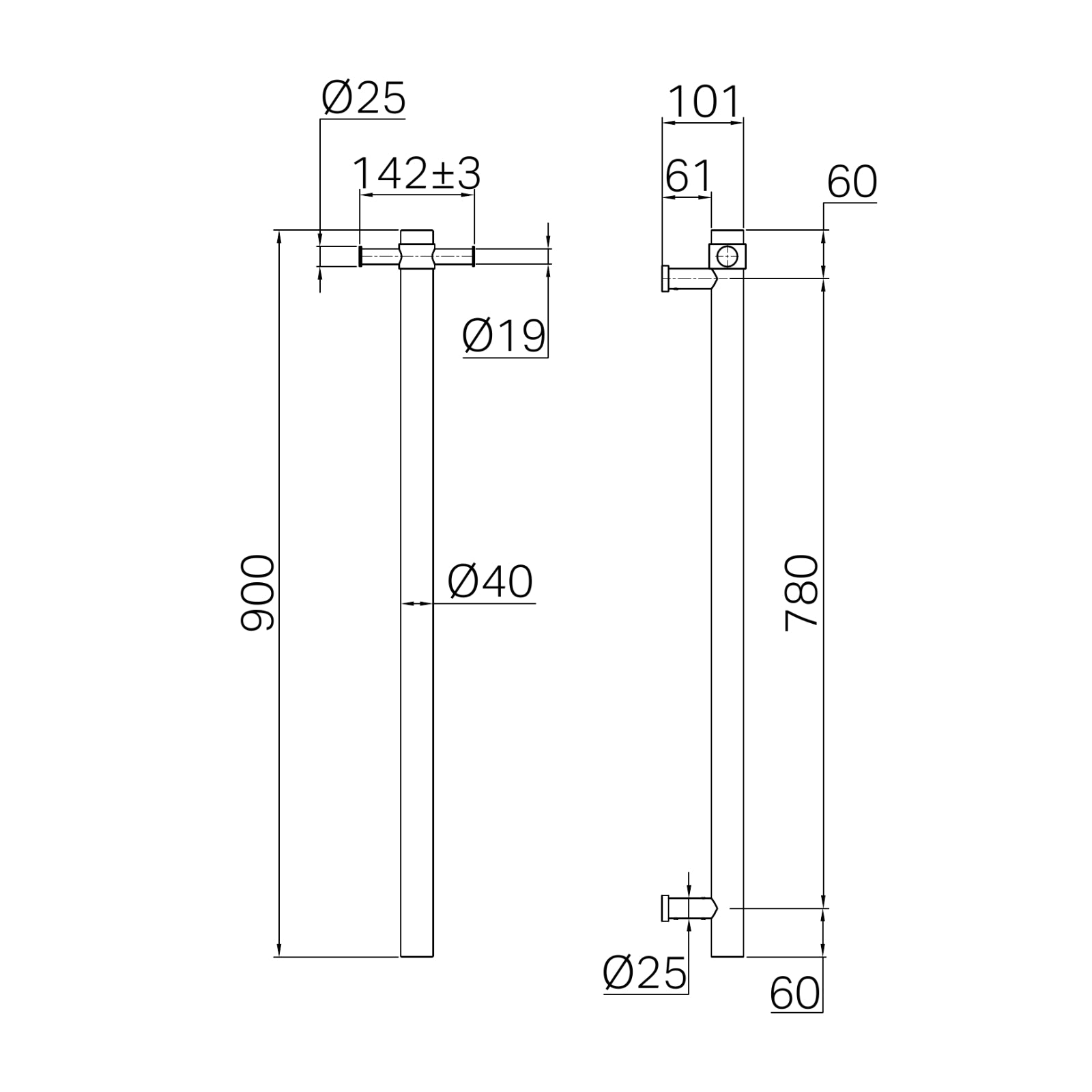 Technical Drawing Nero Mecca 240V Single Vertical Heated Towel Rail Brushed Bronze NRV902HBZ - The Blue Space