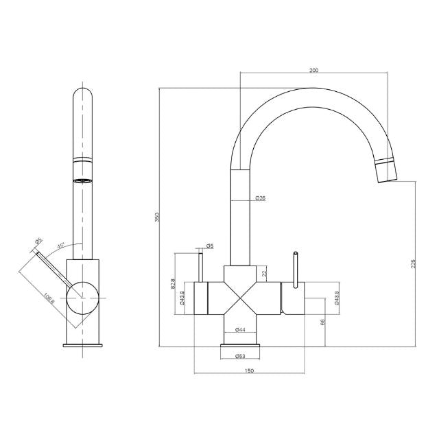 Technical Drawing Nero Mecca 3 Way Filtered Mixer Tap Brushed Nickel NR221907EBN - The Blue Space
