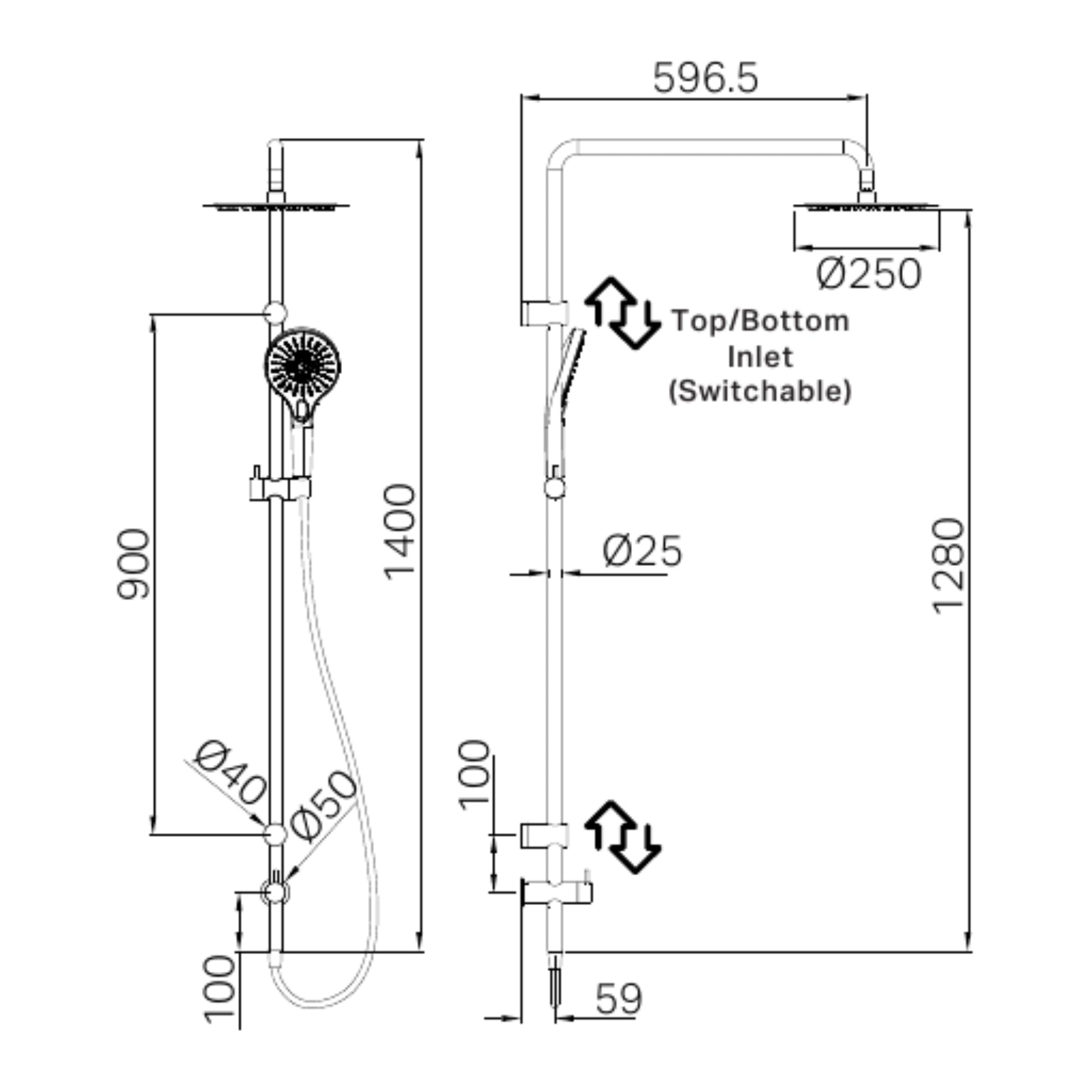 Technical Drawing Nero Mecca Care 25mm Grab Rail 900mm Twin Shower Set Brushed Bronze NRCS007BZ - The Blue Space