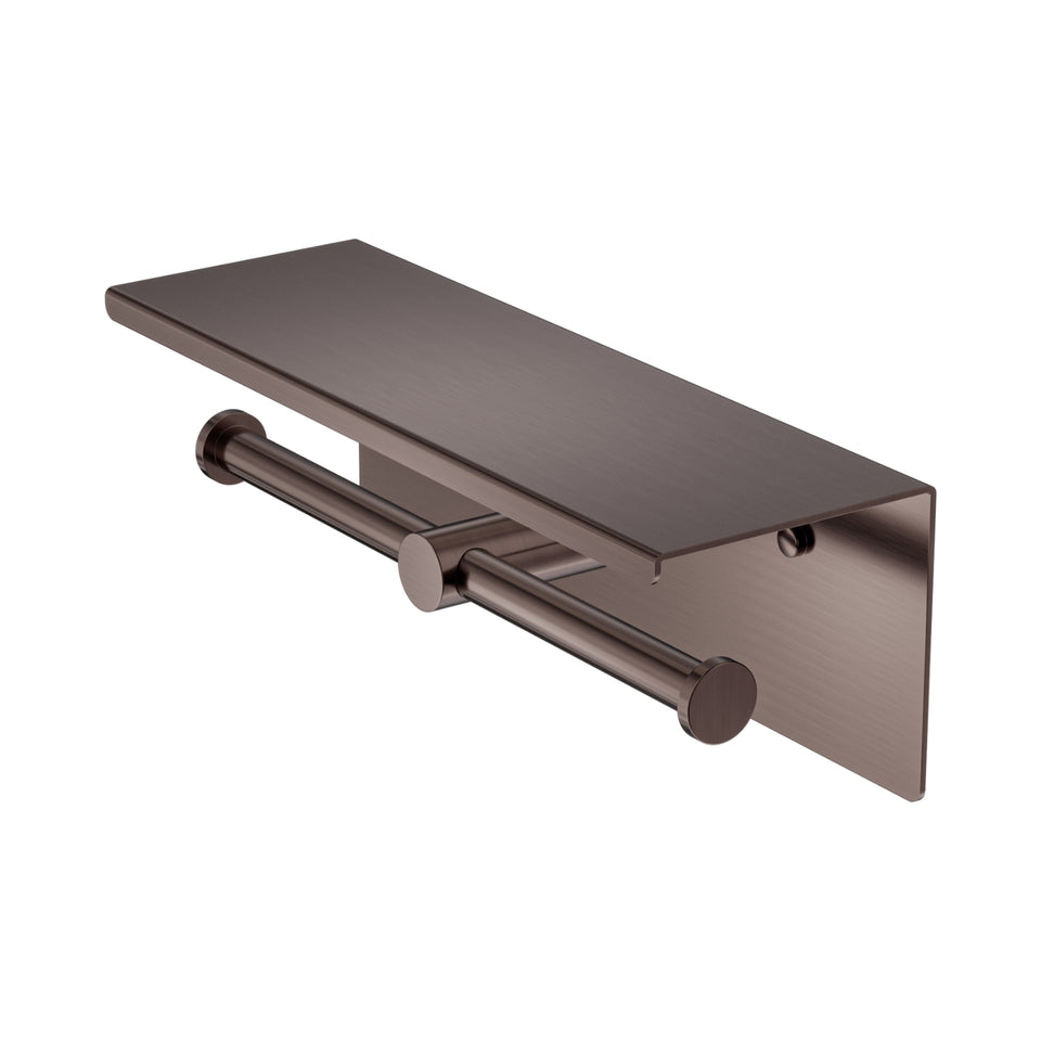 Nero Mecca Double Toilet Roll Holder With Shelf Brushed Bronze