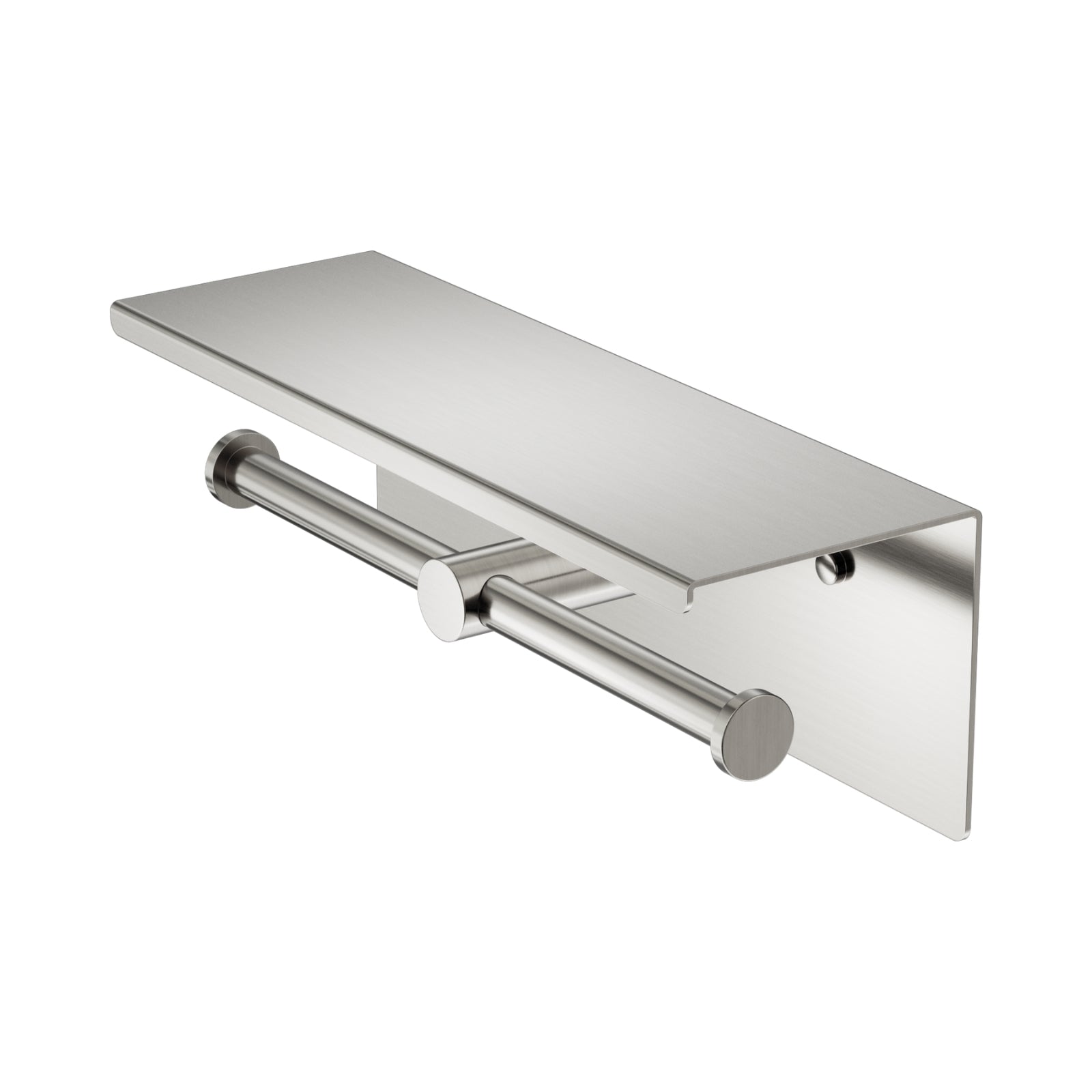 Nero Mecca Double Toilet Roll Holder With Shelf Brushed Nickel NR1986EBN - The Blue Space
