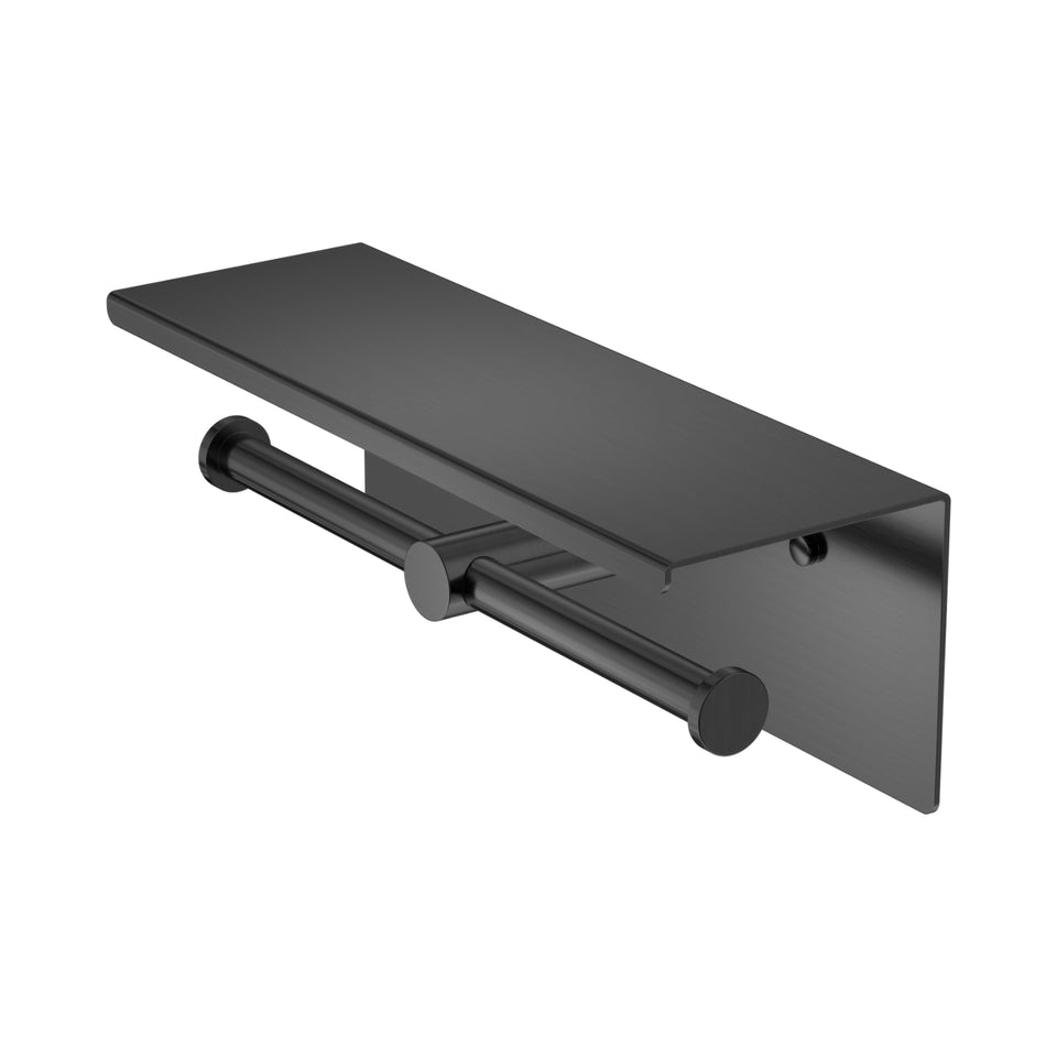 Nero Mecca Double Toilet Roll Holder With Shelf Gun Metal