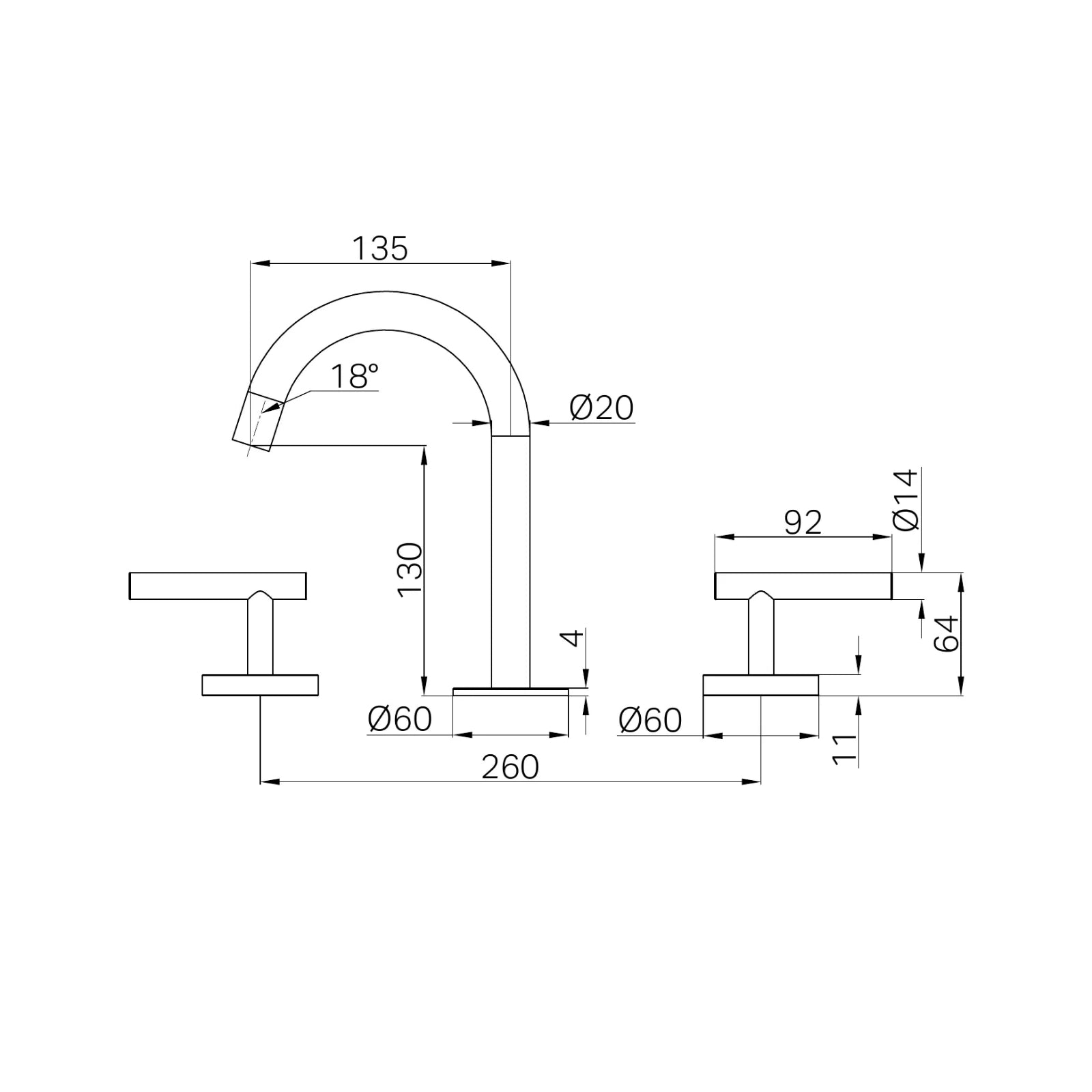 Technical Drawing Nero Mecca Lever Basin Set Arc Spout Matte Black 25D002MB - The Blue Space