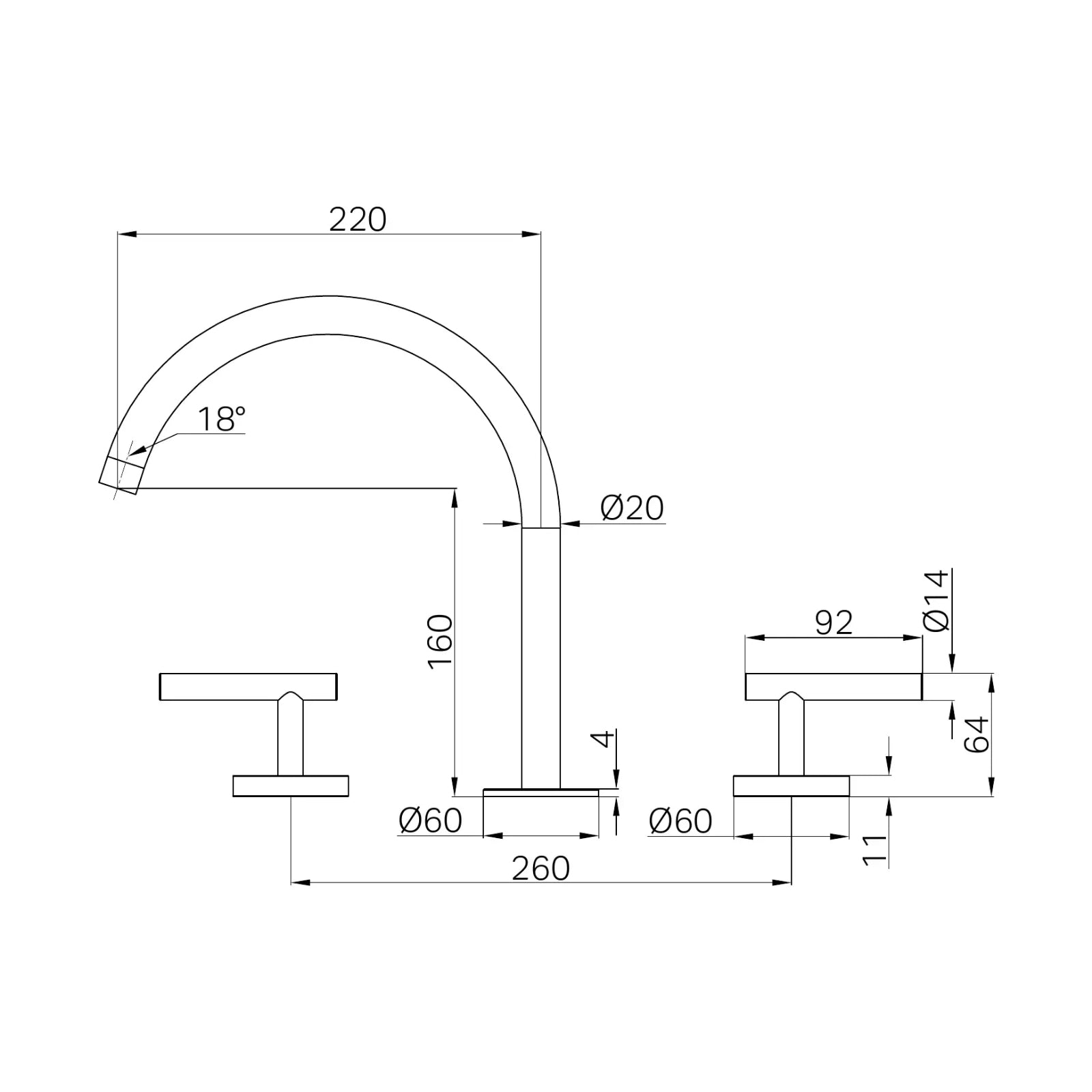 Technical Drawing Nero Mecca Lever Bath/Kitchen Set Arc Spout Brushed Gold 25D004BG - The Blue Space