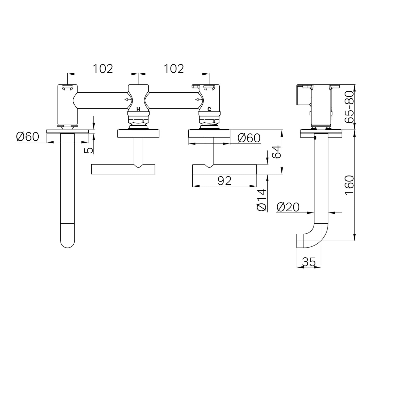 Technical Drawing Nero Mecca Lever Wall Basin/Bath Set 160mm Offset Spout Brushed Gold 25D009BG - The Blue Space