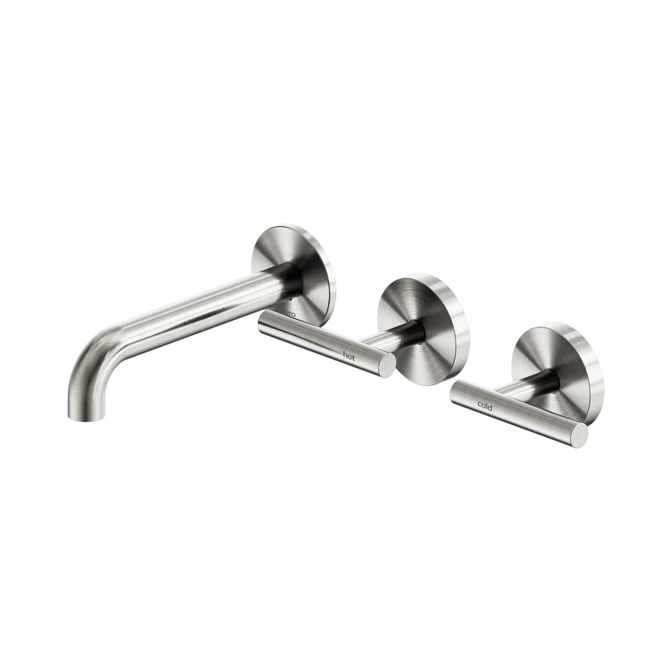 Nero Mecca Lever Wall Basin/Bath Set 160mm Offset Spout Brushed Nickel