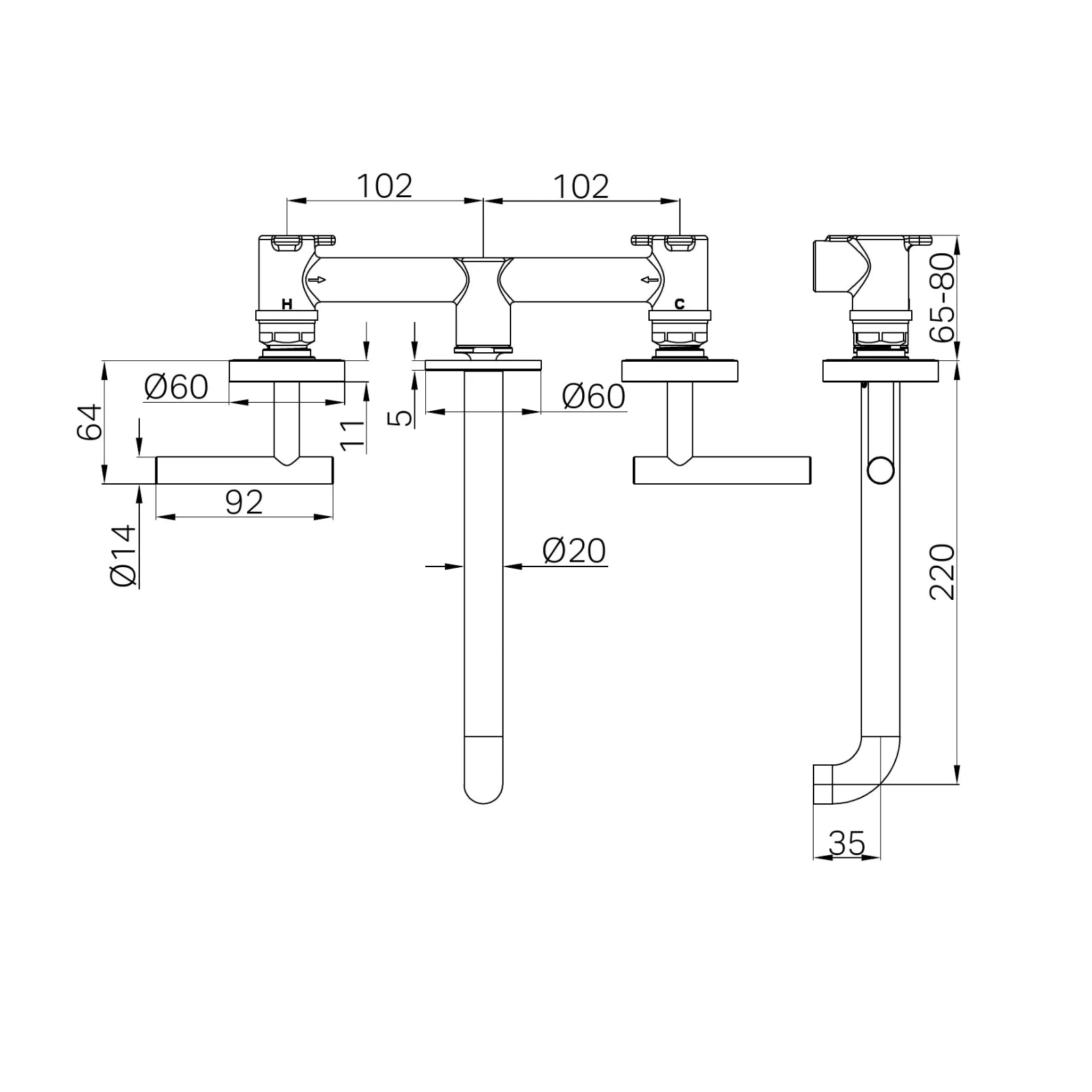 Technical Drawing Nero Mecca Lever Wall Basin/Bath Set 220mm Spout Brushed Bronze 25D008BZ - The Blue Space
