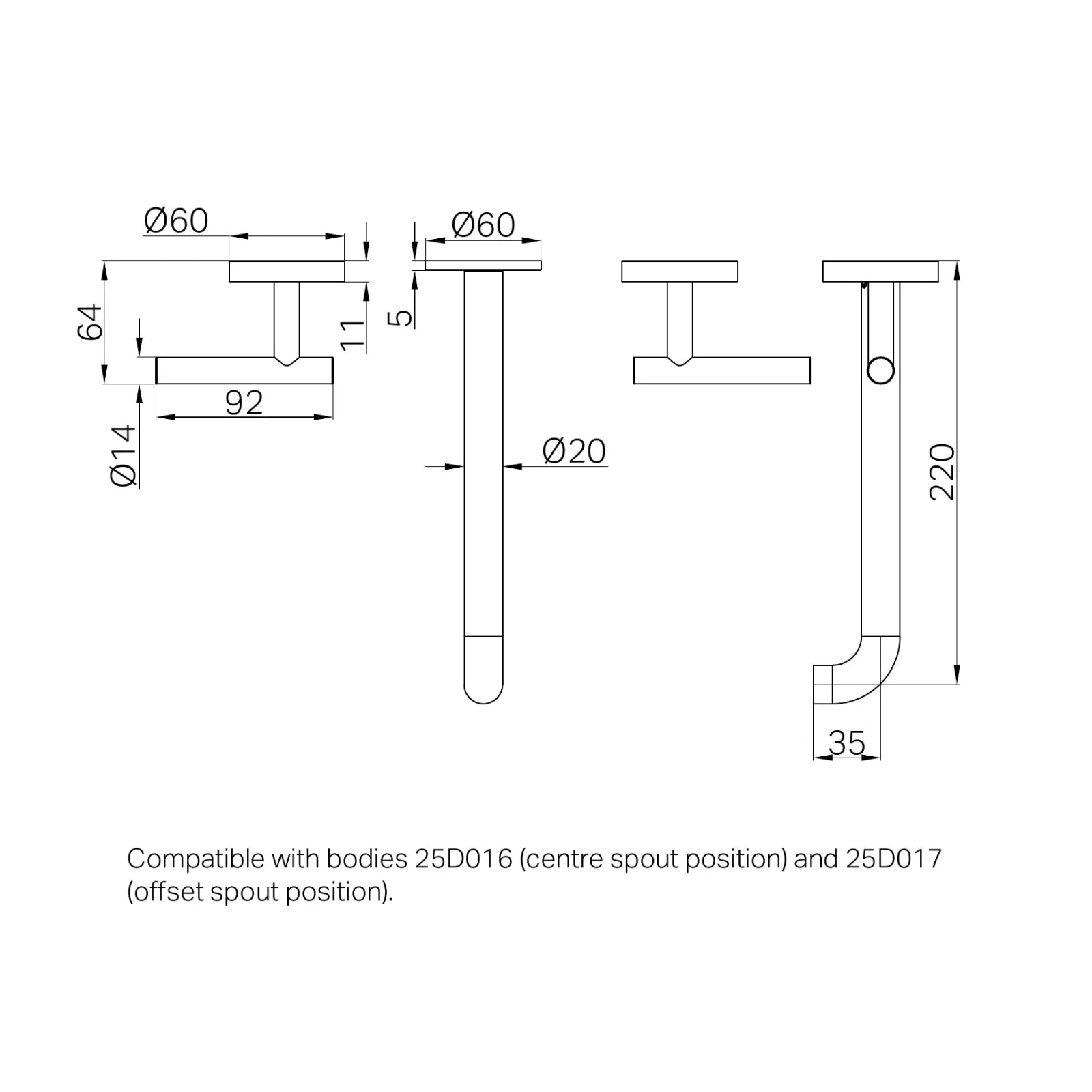 Technical Drawing Nero Mecca Lever Wall Basin/Bath Set 220mm Spout Trim kits Only Brushed Bronze 25D021BZ - The Blue Space