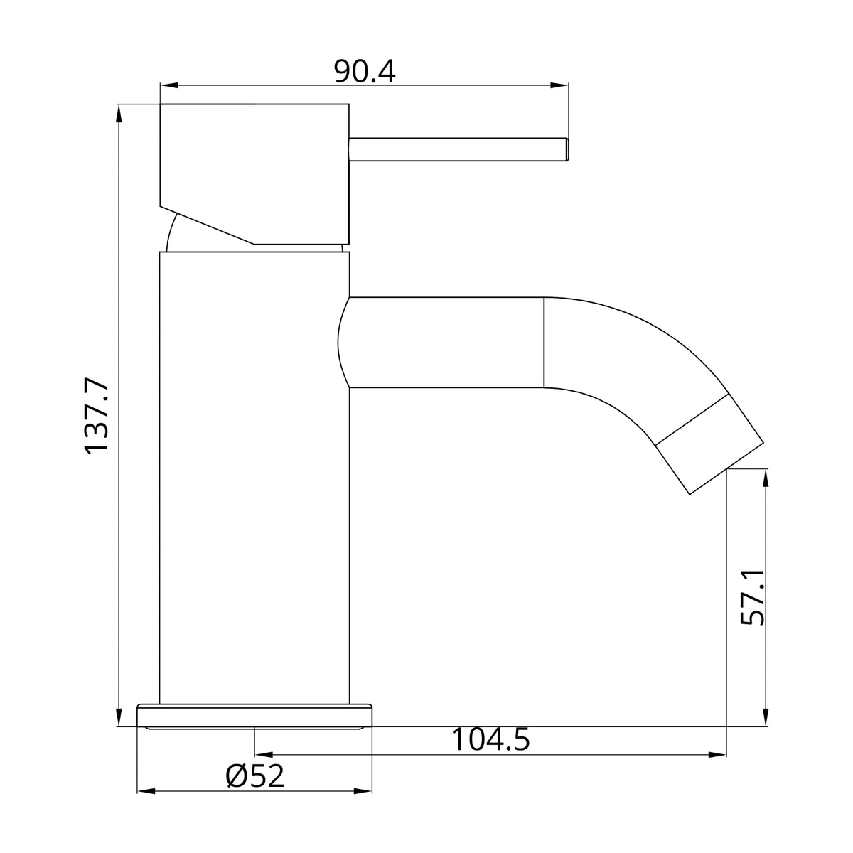 Technical Drawing Nero Mecca Mini Basin Mixer Chrome NR221901FCH - The Blue Space