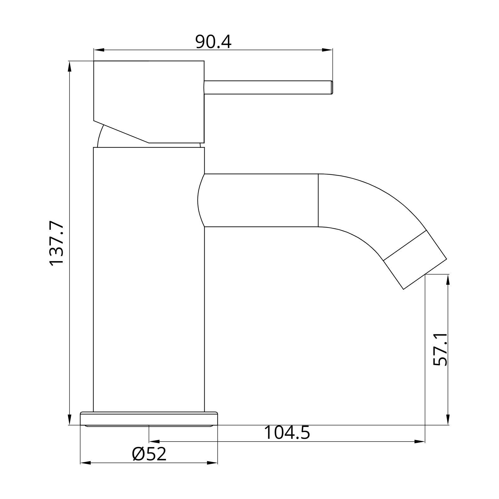 Technical Drawing Nero Mecca Mini Basin Mixer Matte White NR221901FMW - The Blue Space